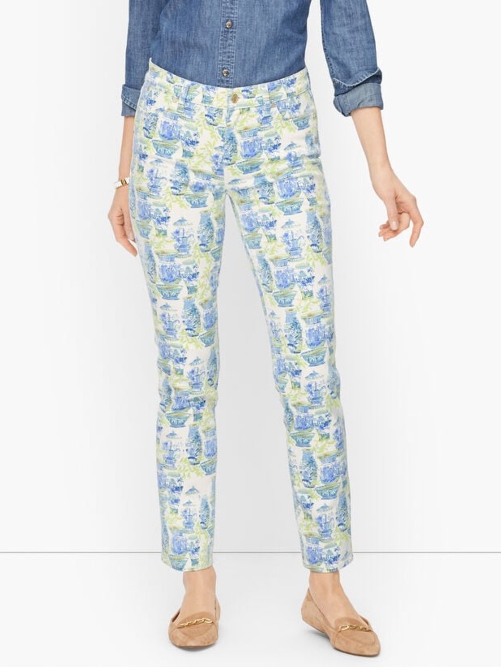 NWOT TALBOTS SIZE-6 SLIM ANKLE JEANS BLUE/WHITE/CHARTREUSE WATERCOLOR VASE PRINT